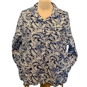 Lands' End Navy and White Paisley Print Flannel Pajama Top with Pockets